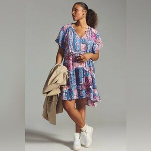 By Anthropologie Robin Tiered Ruffle Floral Mini Dress Sz L Flutter Sleeve Boho